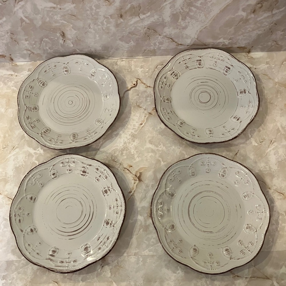 Elama 4 Piece Ceramic Salad Plate Set Rustic White Brown Scalloped Edge 8.75 in